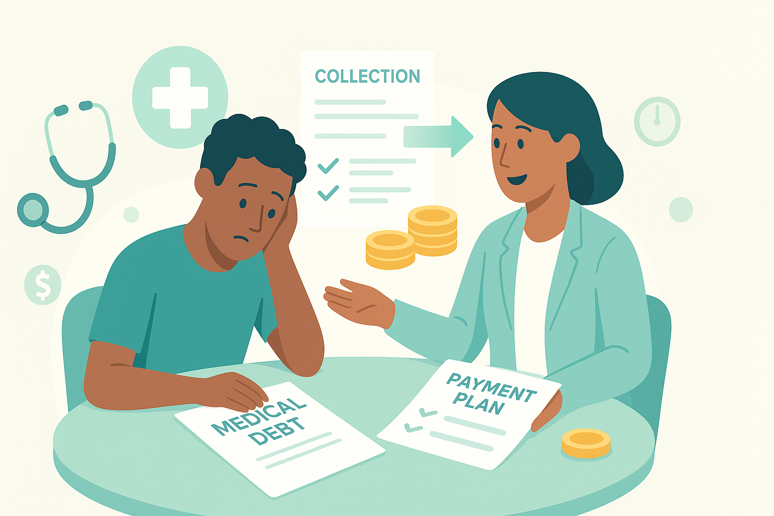 Illustration of a person reviewing a medical bill with healthcare icons in teal and mint tones