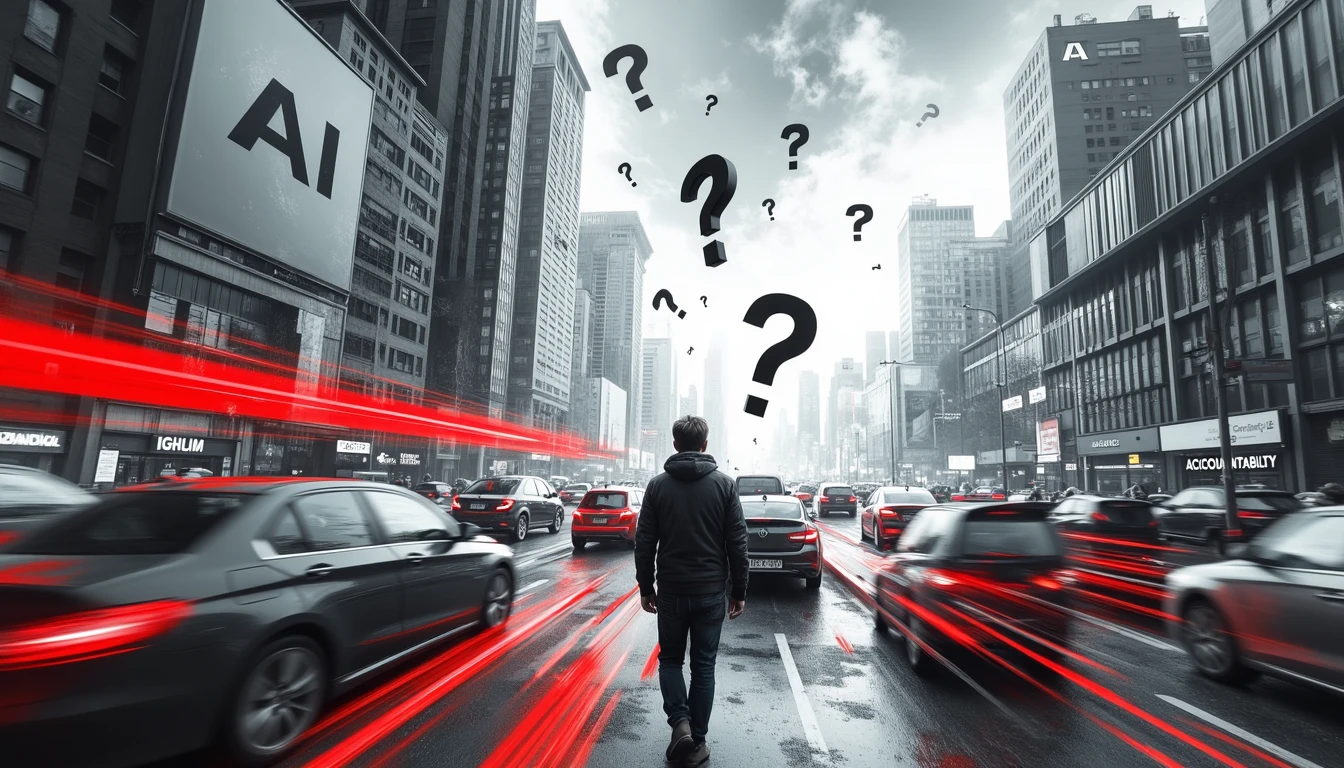 Confused pedestrian amid chaotic self-driving cars, justice scale teeters nearby