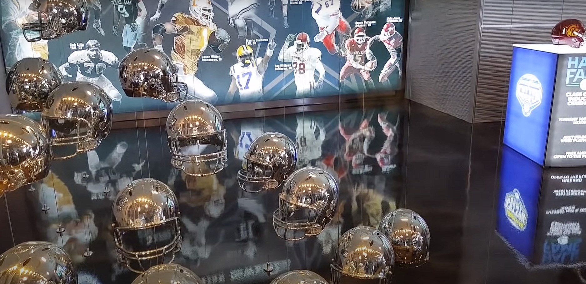 Helmets hanging from the ceiling at AT&T Stadium in Arlington, TX