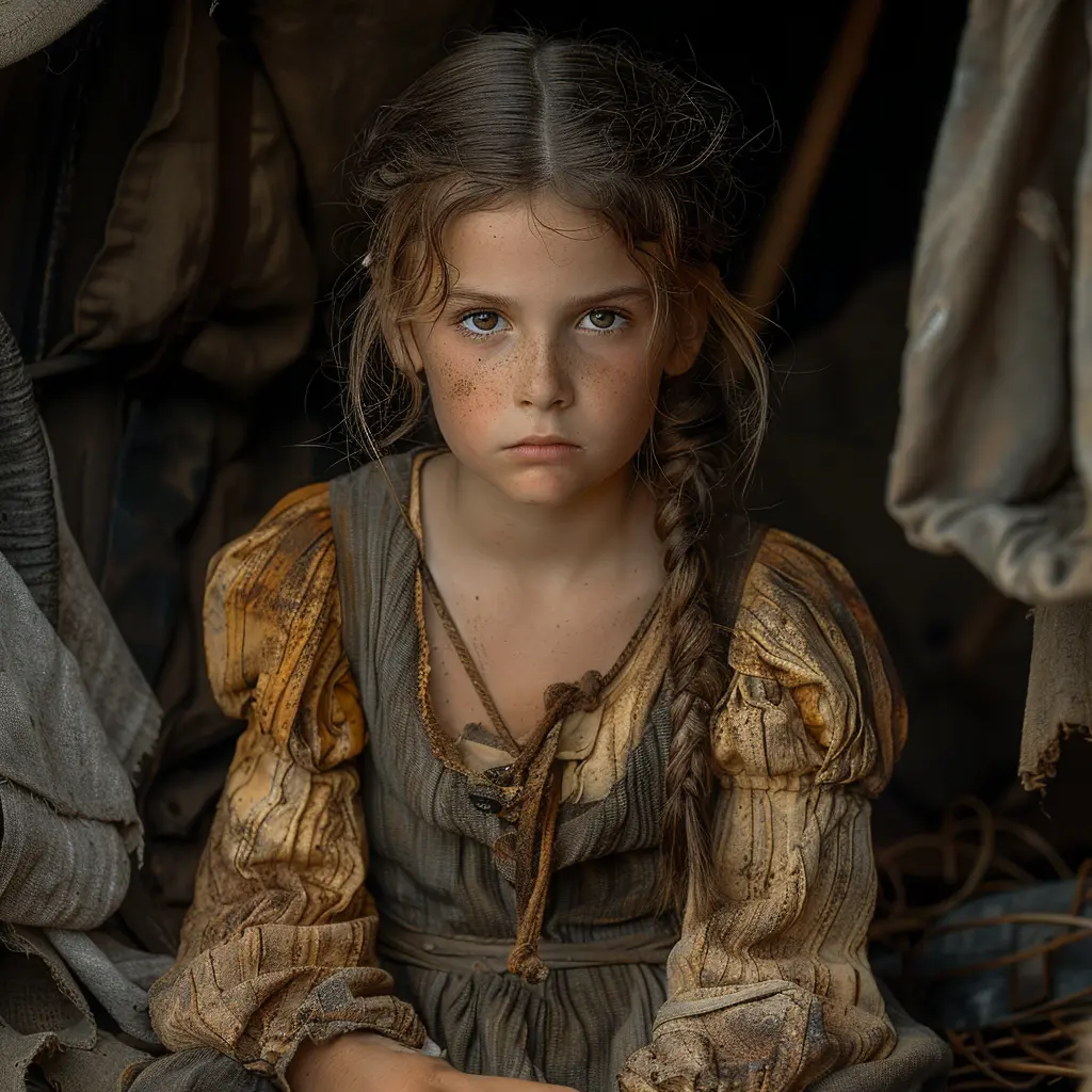 View from inside covered wagon: vast prairie, distant wagons, golden landscape. Blurred edges convey child's perspective.