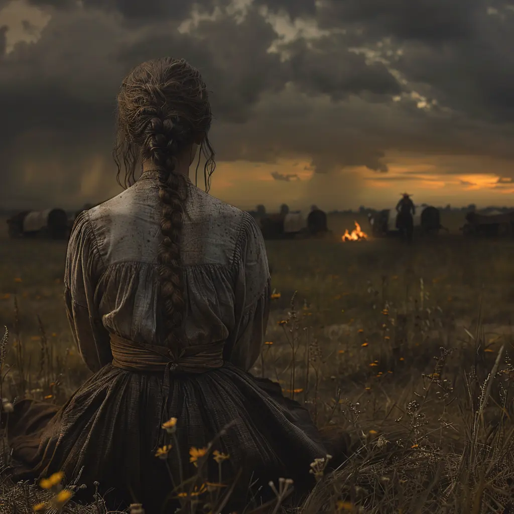 Sepia prairie panorama: Wagon train circles at dusk. Young girl sits alone by dying campfire, staring into distance.
