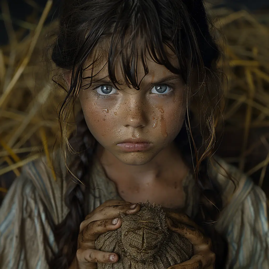 Tearful 11-year-old girl on Oregon Trail, clutching rag doll, looks anxiously between prairie and adoptive parents.