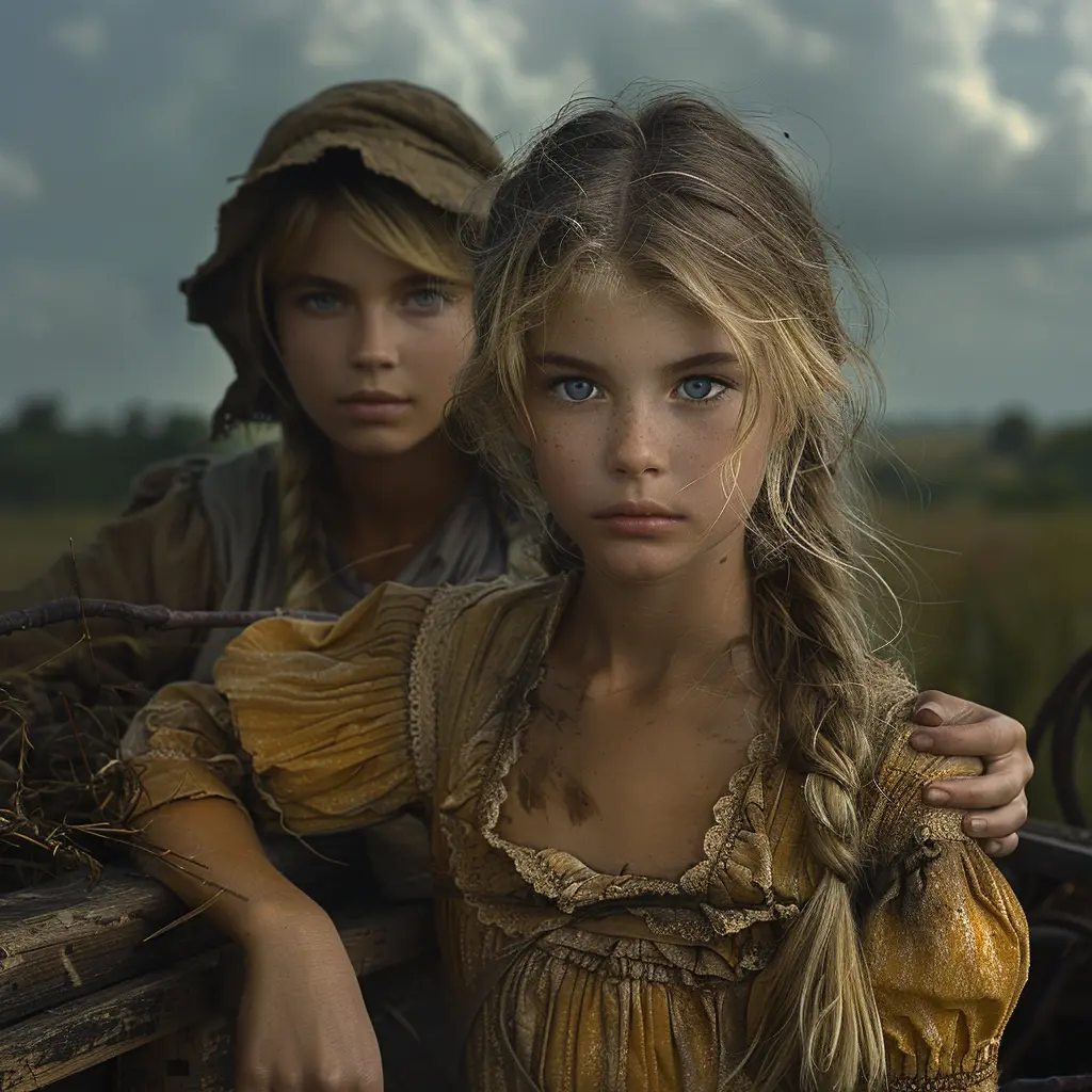 Young girl on wagon overlooks vast prairie at sunrise, buffalo herd grazing in distance, sky painted in pink and gold
