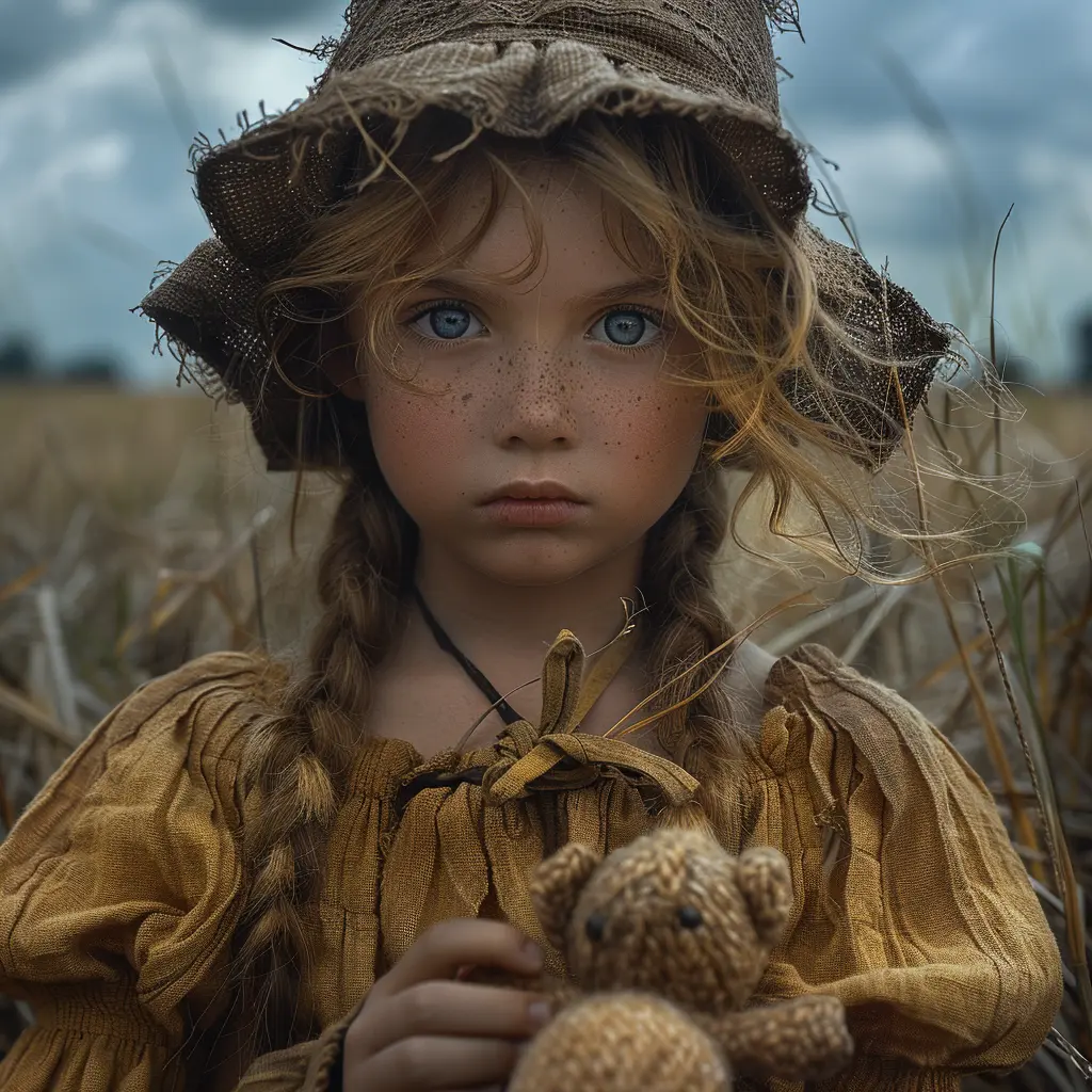 Young girl with wide eyes clutches rag doll, prairie backdrop. Face shows mix of fear and wonder.