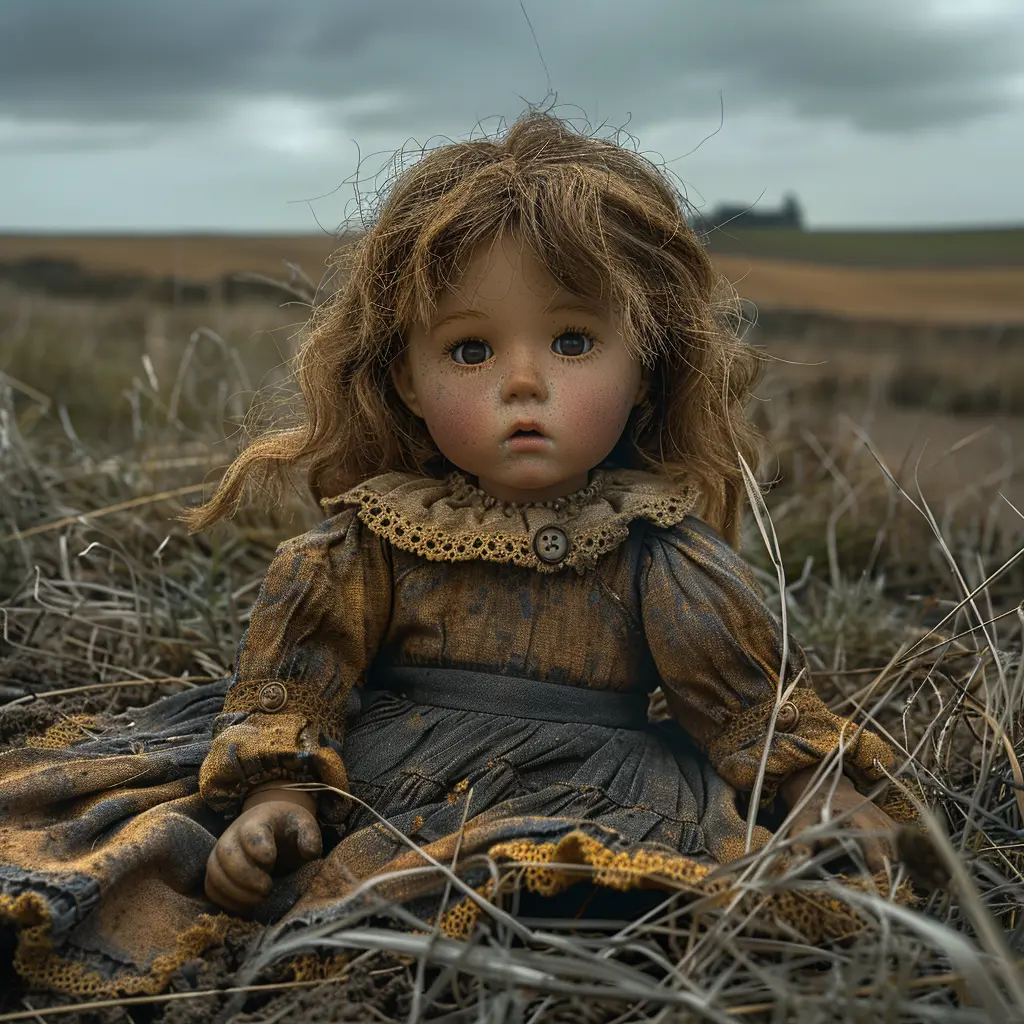 Weathered rag doll on dusty Oregon Trail, surrounded by prairie grass, symbolizing childhood amid frontier hardships.