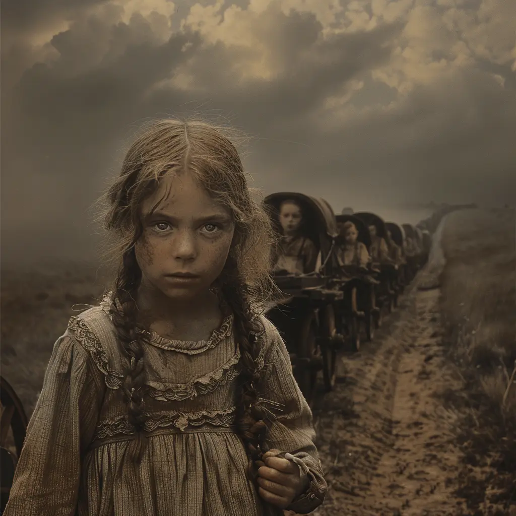 Covered wagons on vast prairie, child's hand gripping wagon cover, symbolizing Oregon Trail journey.