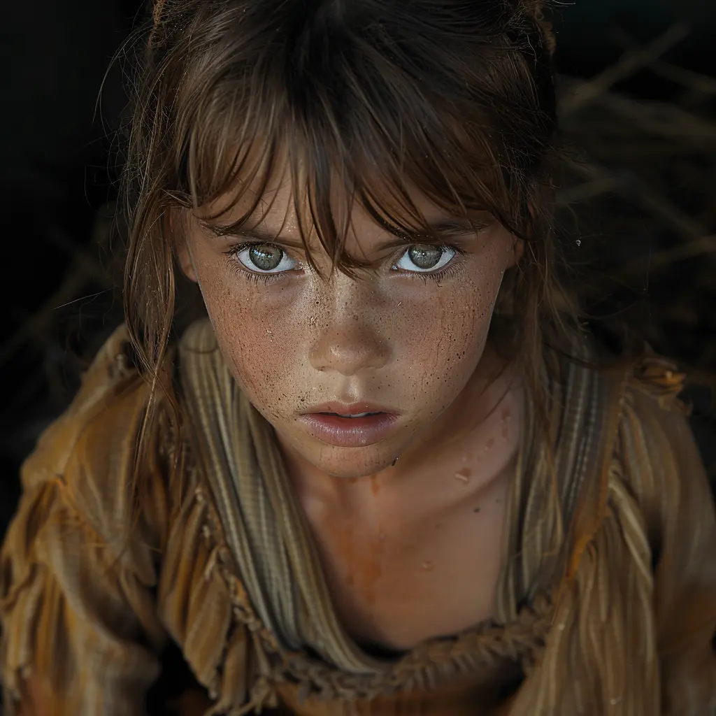 Traumatized young pioneer girl with tear-stained face, haunted eyes, sitting by campfire, wrapped in blanket