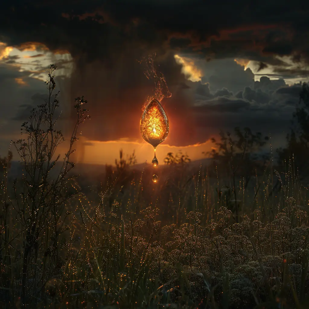 Teardrop on prairie grass blade at sunset, reflecting sky. Symbolizes hidden sorrow and fading hope.