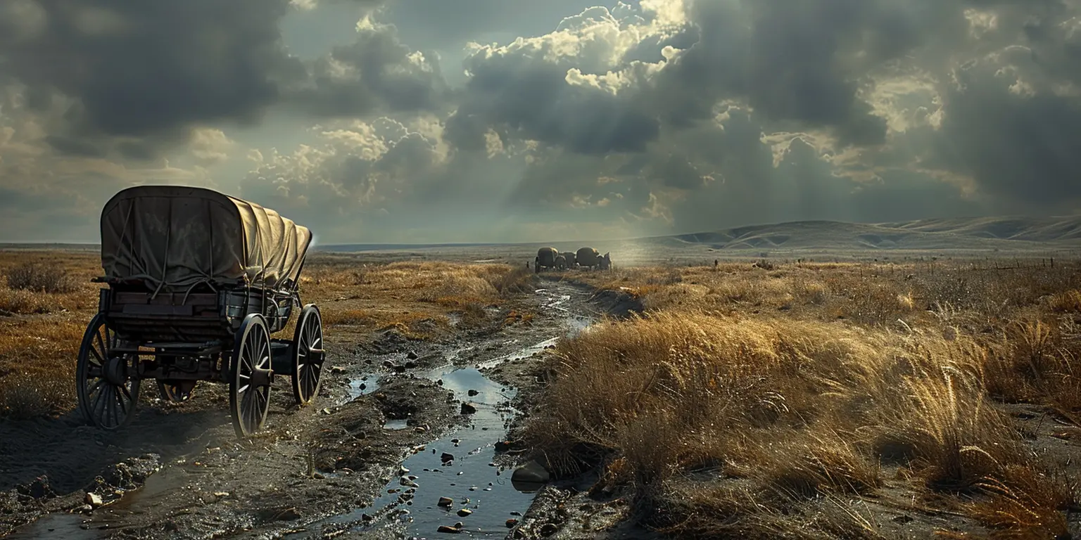 Prairie landscape with Oregon Trail wagon ruts, distant covered wagons, and a small creek winding through golden grasses