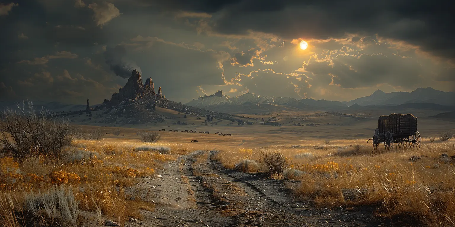 Sun-scorched prairie with Oregon Trail cutting through, distant rock formations, and lone wagon train crossing the landscape.