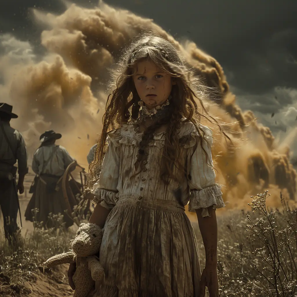 Bird's-eye view of Oregon Trail, wagon train tiny on vast prairie. Golden eagle soars in foreground.