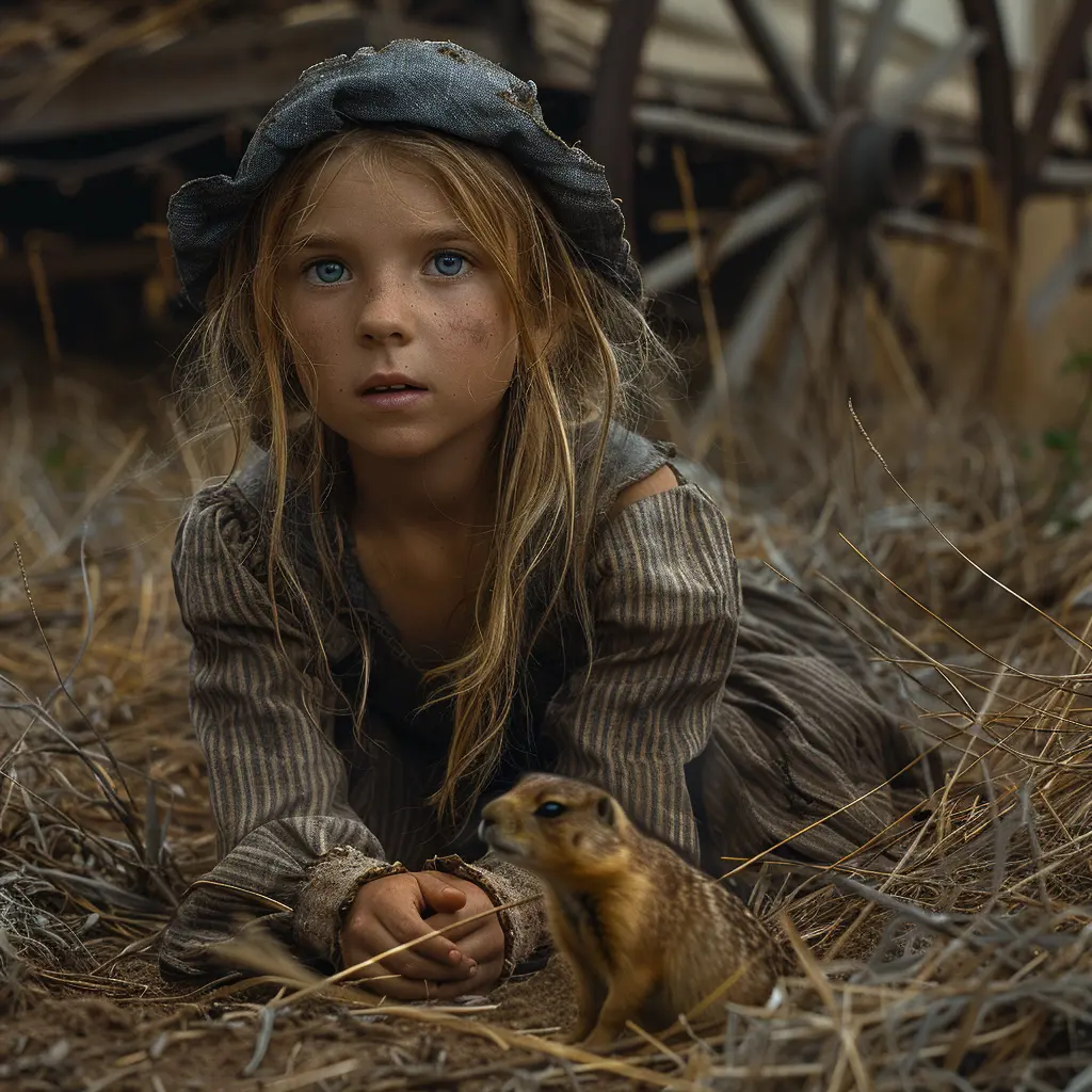 Sepia panorama: Long line of covered wagons on vast prairie. Small girl sits alone in foreground.