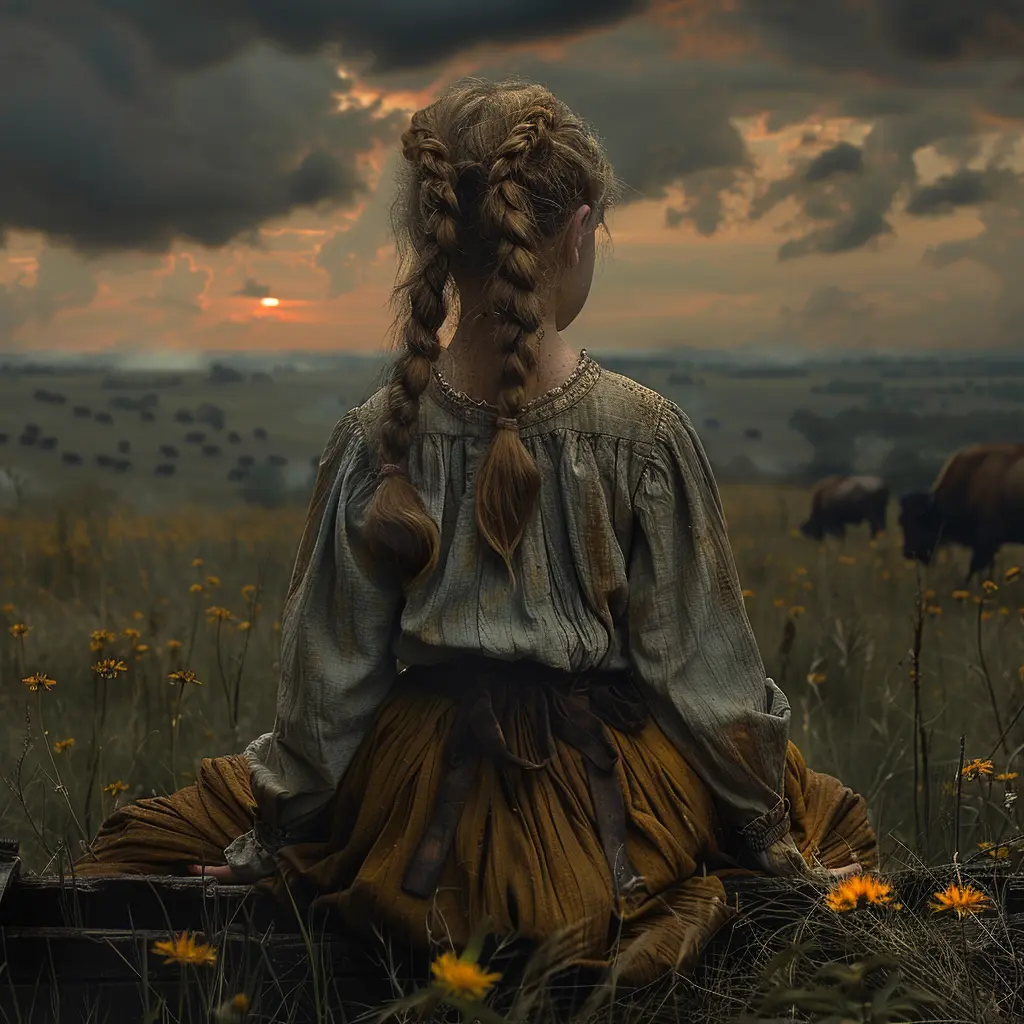 Young girl on wagon overlooks vast prairie at sunrise, buffalo herd grazing in distance, sky painted in pink and gold