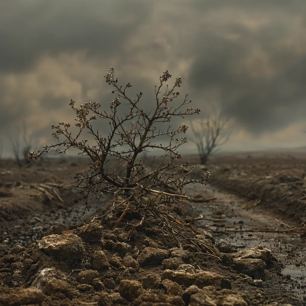 Weathered tumbleweed on dry prairie ground with faint wagon wheel tracks visible in the background.