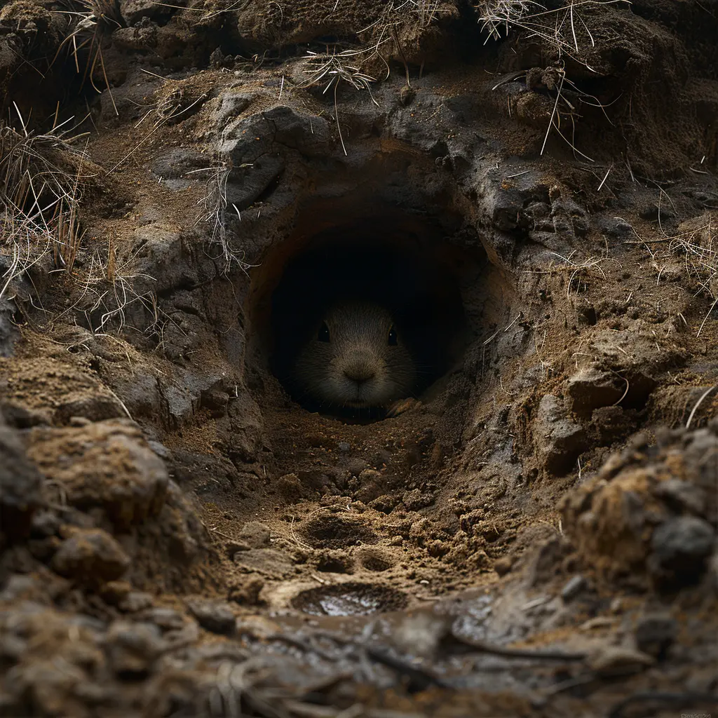 Prairie dog burrow entrance: circular hole in sandy mound, surrounded by paw prints and dry grass in prairie setting