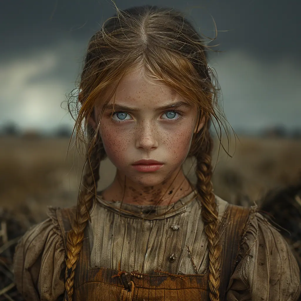 Young pioneer girl with haunting eyes, gaunt face, and tattered dress, showing a glimmer of hope amid hardship.