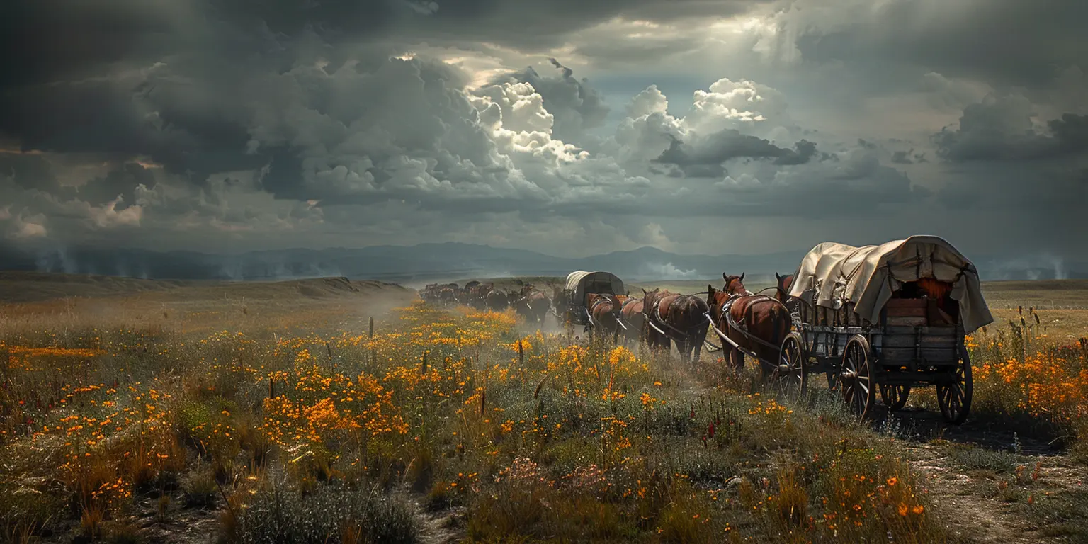 Wagon train traversing a vast golden prairie under a blue sky, following the Oregon Trail towards the horizon.