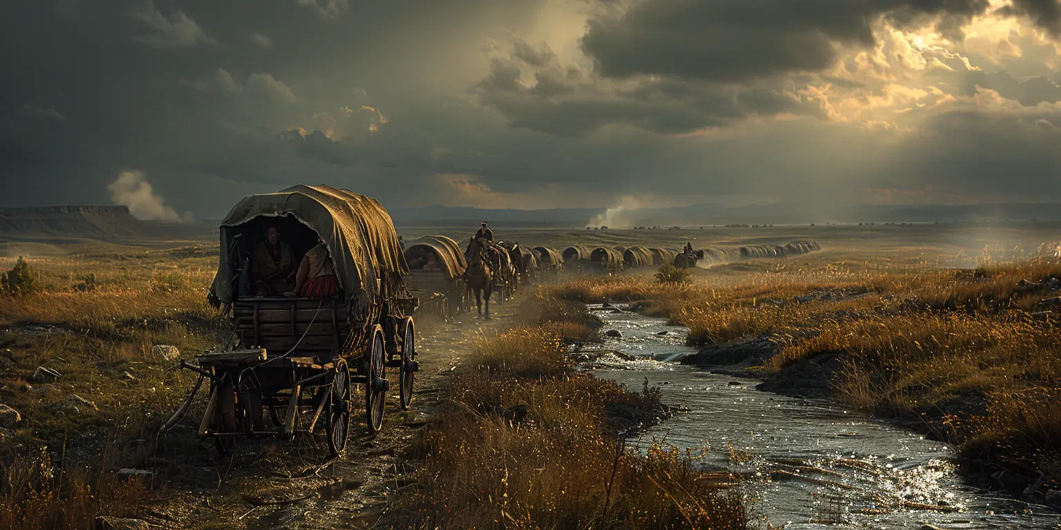 Golden prairie with distant river. Line of covered wagons approaching water crossing under sunny sky.