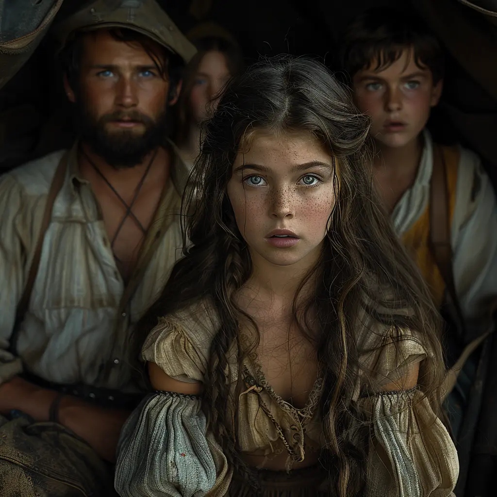 Covered wagons on vast prairie, child's hand gripping wagon cover, symbolizing Oregon Trail journey.
