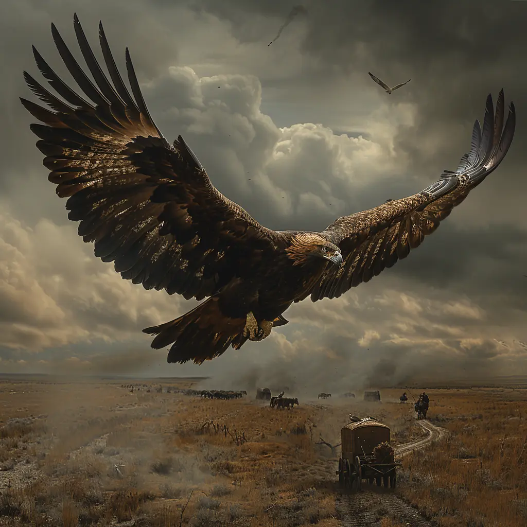 Bird's-eye view of Oregon Trail, wagon train tiny on vast prairie. Golden eagle soars in foreground.