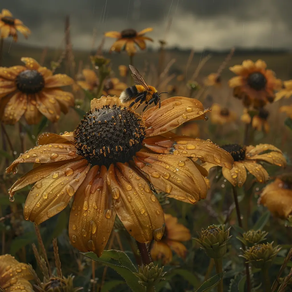 Wildflower with dew drops in prairie, bee hovering nearby. Sunlit scene from Oregon Trail.