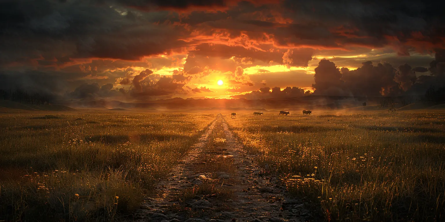 Oregon Trail at sunset: Prairie landscape with wagon train silhouetted against golden sky, making camp