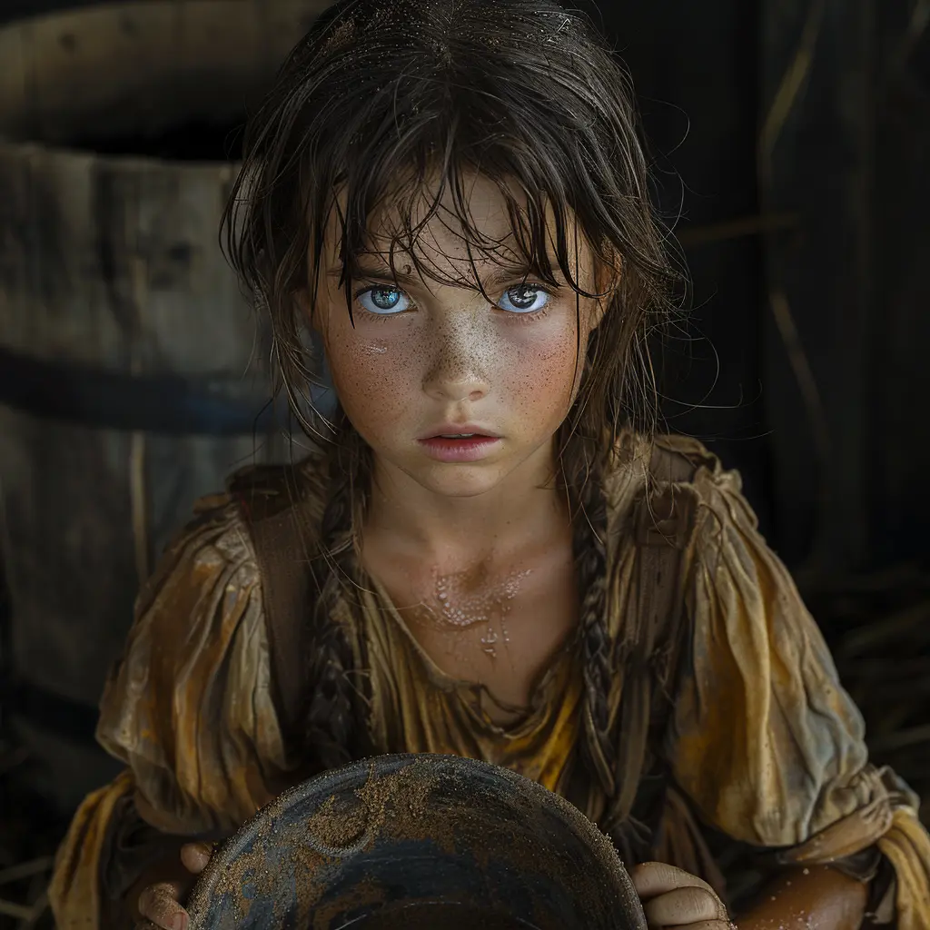 Haunting portrait: Vulnerable 10-year-old girl in pioneer clothes, teary-eyed, carrying heavy bucket on Oregon Trail
