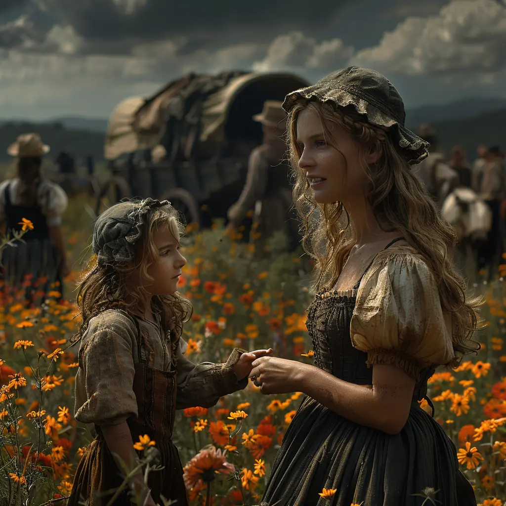Young pioneer girl stands in prairie, covered wagon in distance. Vast landscape conveys journey and emotional struggle.