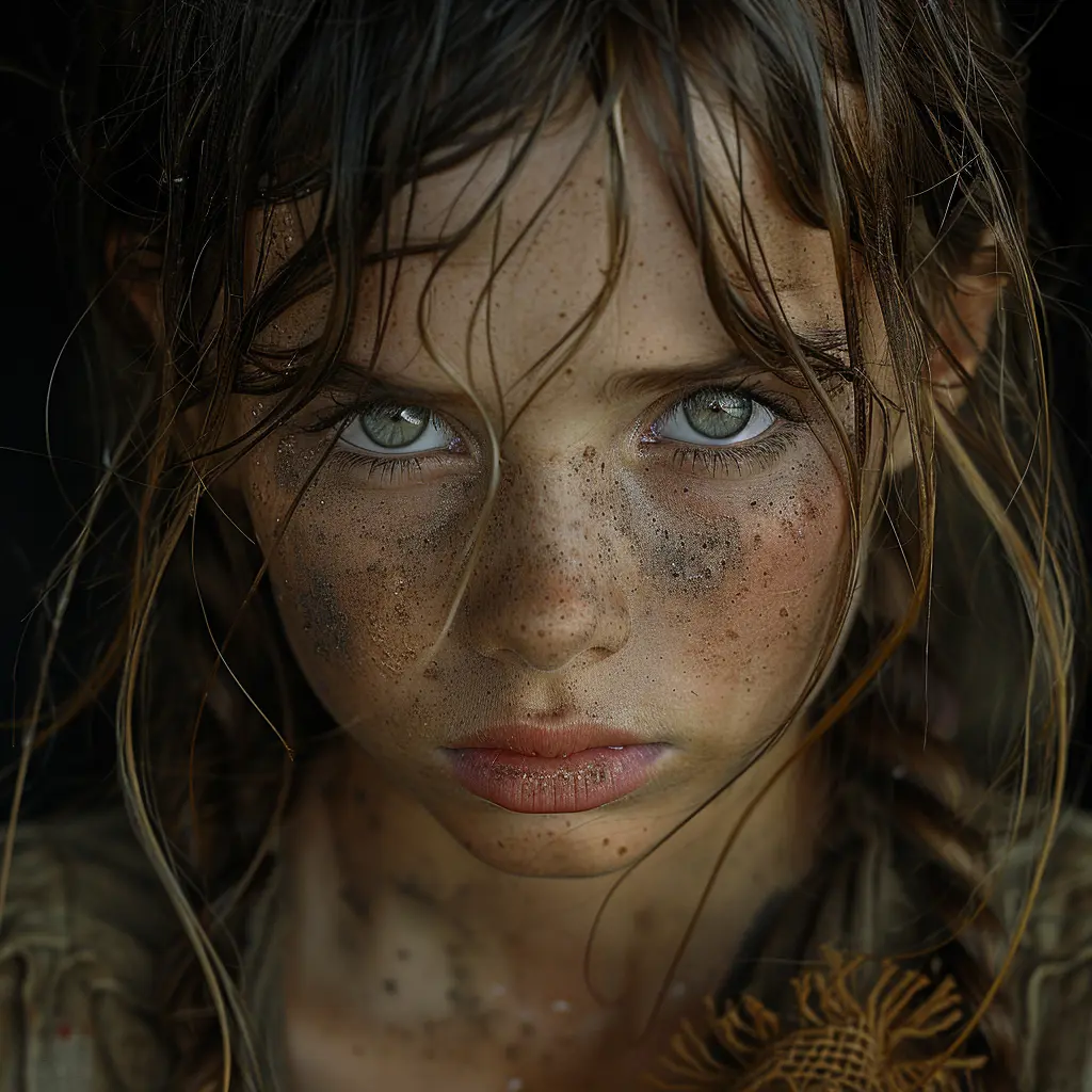 Young girl with disheveled hair and weary eyes holds worn rag doll, reflecting hardship on Oregon Trail journey.<br>