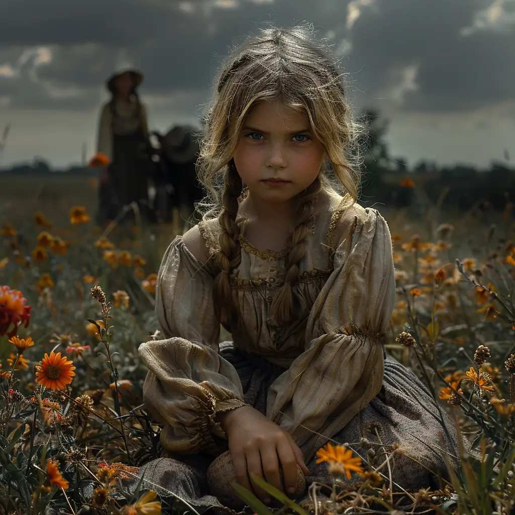 Wagon train on vast prairie, viewed through canvas flap. Child's hand grips edge, peeking at new frontier.
