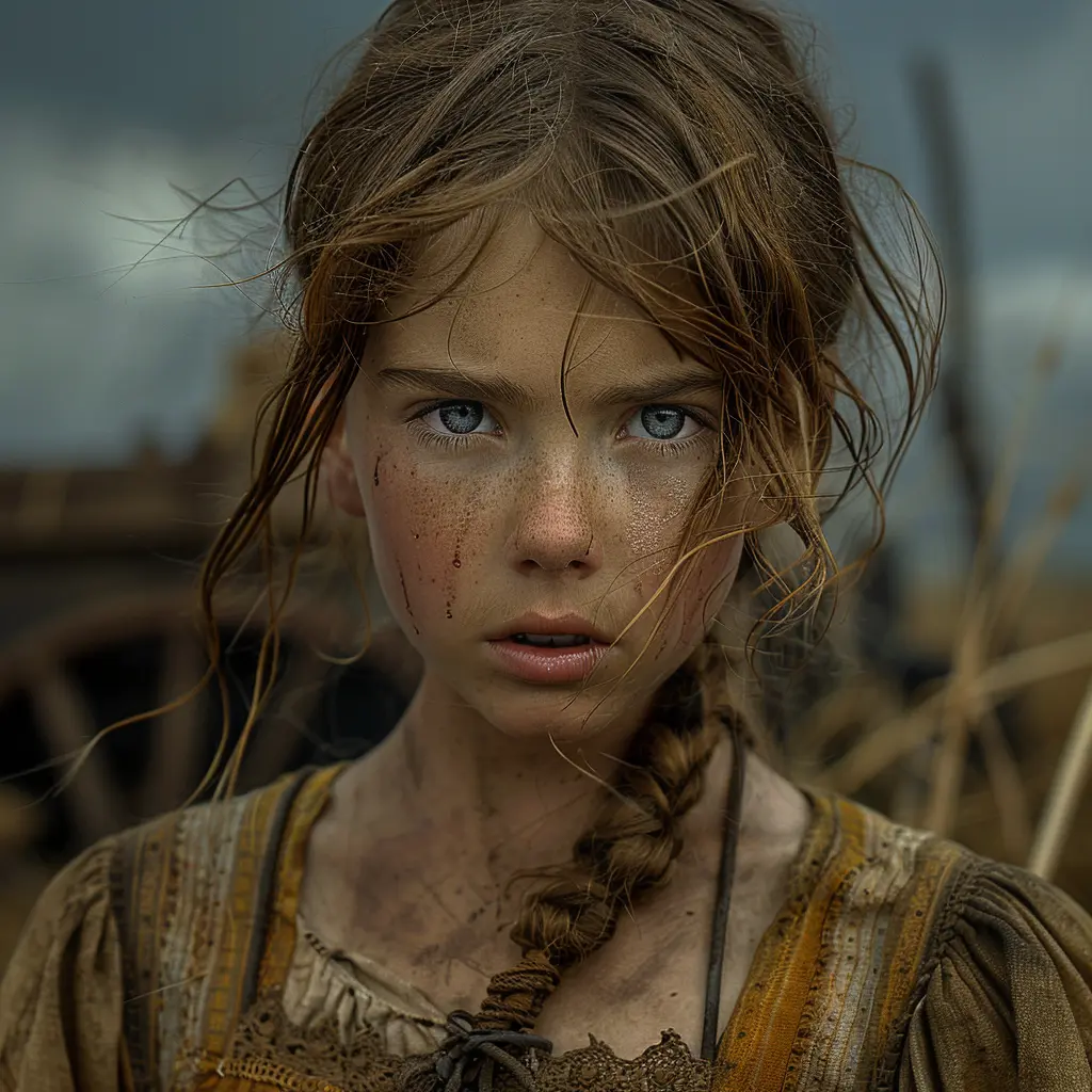Tearful young pioneer girl with fearful eyes, wagon and river in background, depicting Oregon Trail hardships