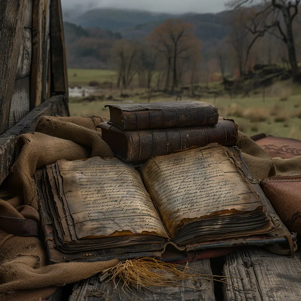 Open leather journal with sketches on wooden wagon floor, prairie grass between pages, wilderness beyond