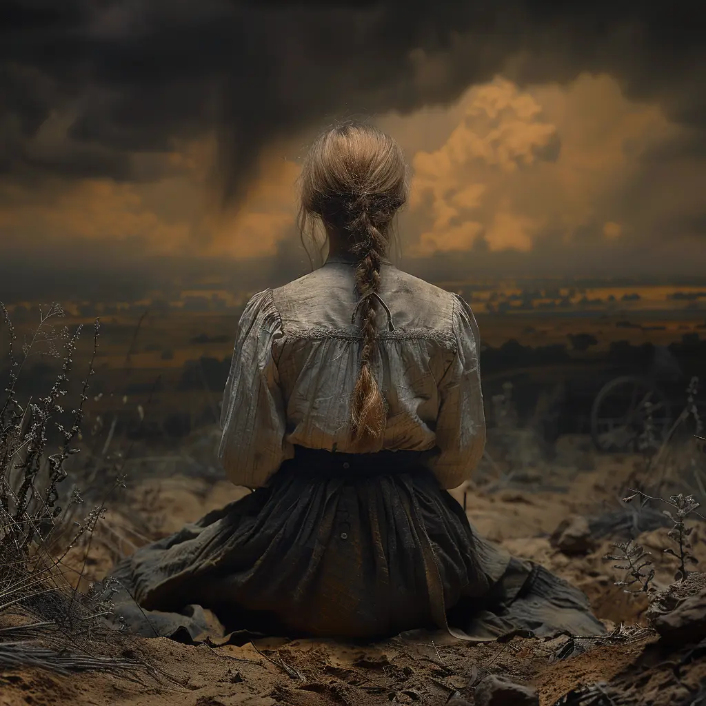 Lone covered wagon on vast prairie at sunset. Young girl gazes from wagon at golden horizon, symbolizing journey ahead.
