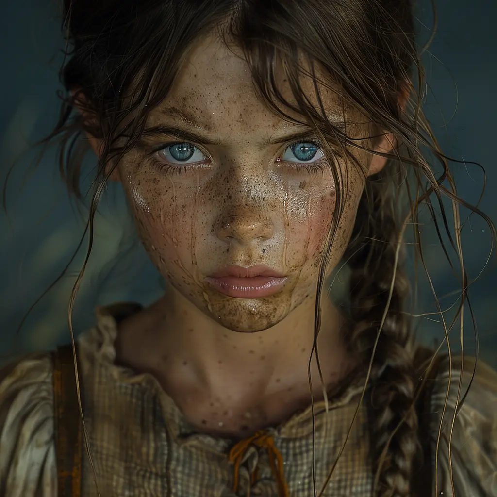 Close-up of 12-year-old girl, dirty face, 1800s dress, conflicted expression, sunset light, pioneer journey