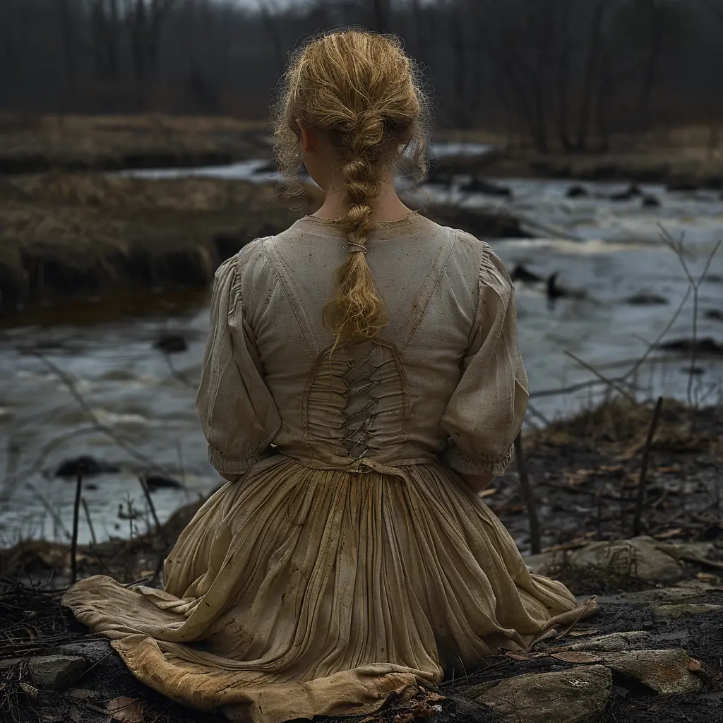 Young pioneer girl sits alone on rock by creek, sad expression mirroring loneliness of vast wilderness around her.