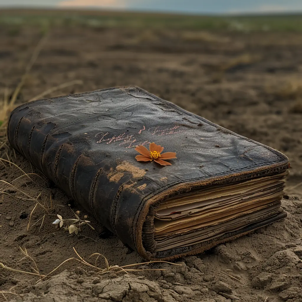Weathered journal open on dusty ground, faded childish writing visible, pressed wildflower between yellowed pages.