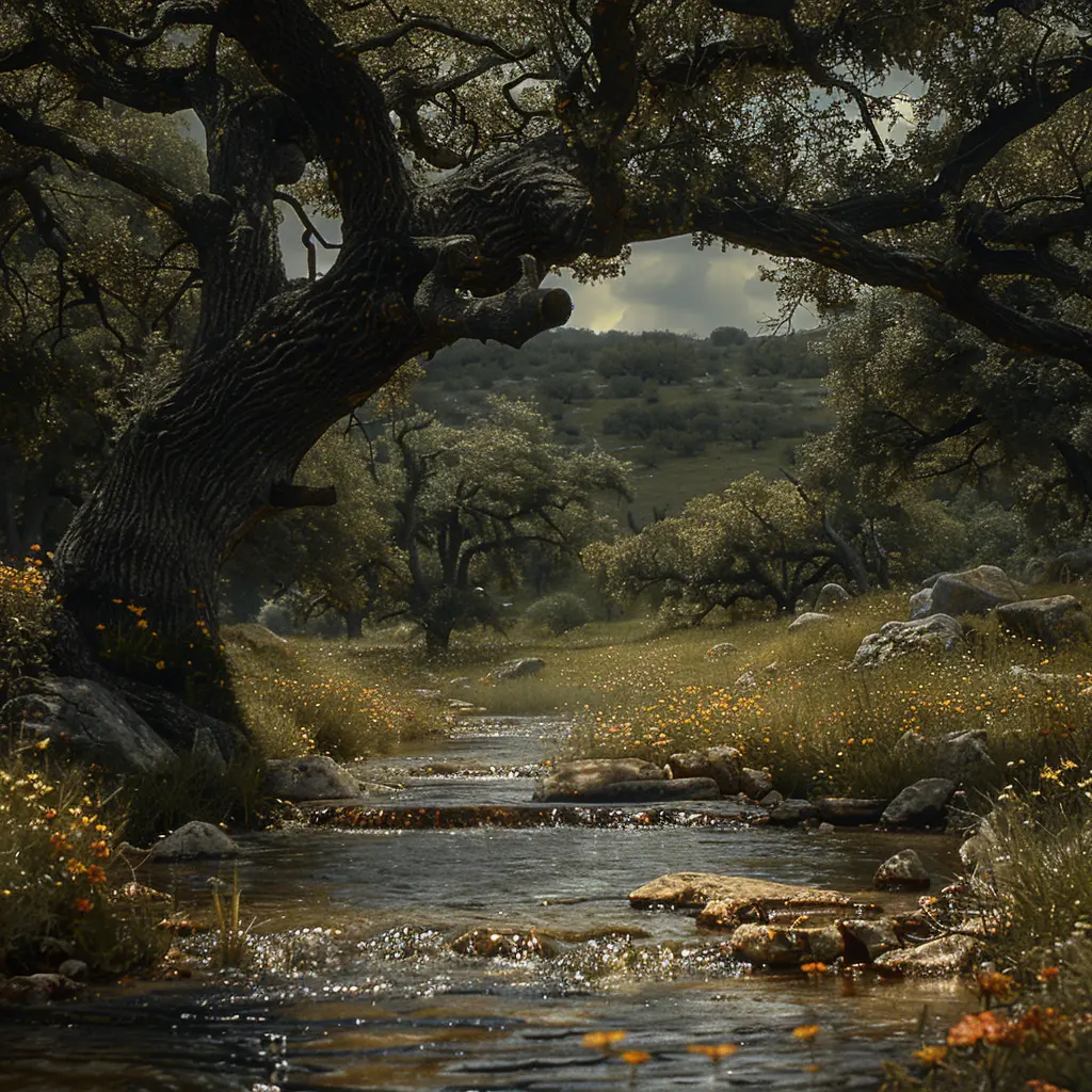 Oak branch over stream, dappled shadows on water, river rocks, wildflowers on muddy banks, prairie breeze.<br>