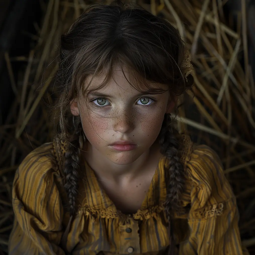 Young worried girl in wagon, haunted eyes yet hopeful for loving home at trail's end.