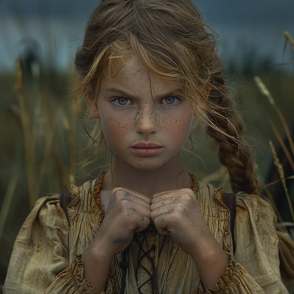 A close-up of clenched fists and angry teen girl's face amid dusty trail backlight, conveying inner turmoil on Oregon Trail.<br>