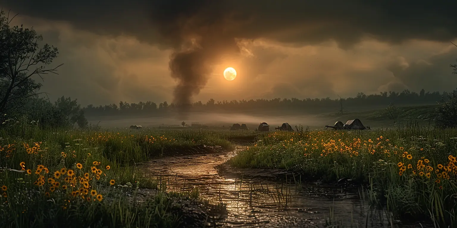 Prairie landscape at sunset with winding stream, wildflowers, willows and distant wagon train encampment.<br>