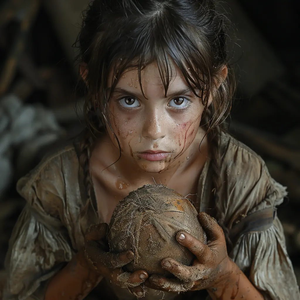 Tearful frontier girl holds broken china doll, her face showing anguish and loss amid the hardships of wagon train life.