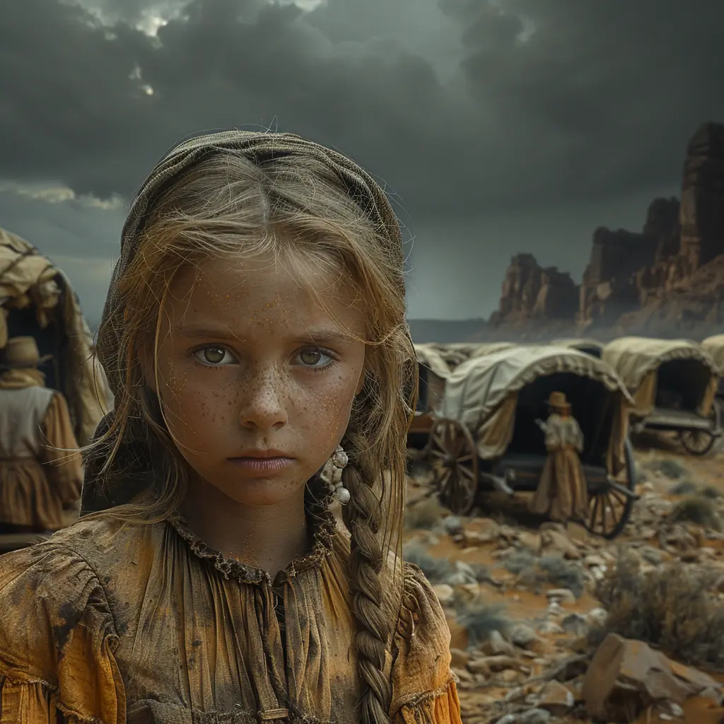 Wagon train on Great Plains, 11-year-old Sarah peeks out from covered wagon, awestruck by vast landscape