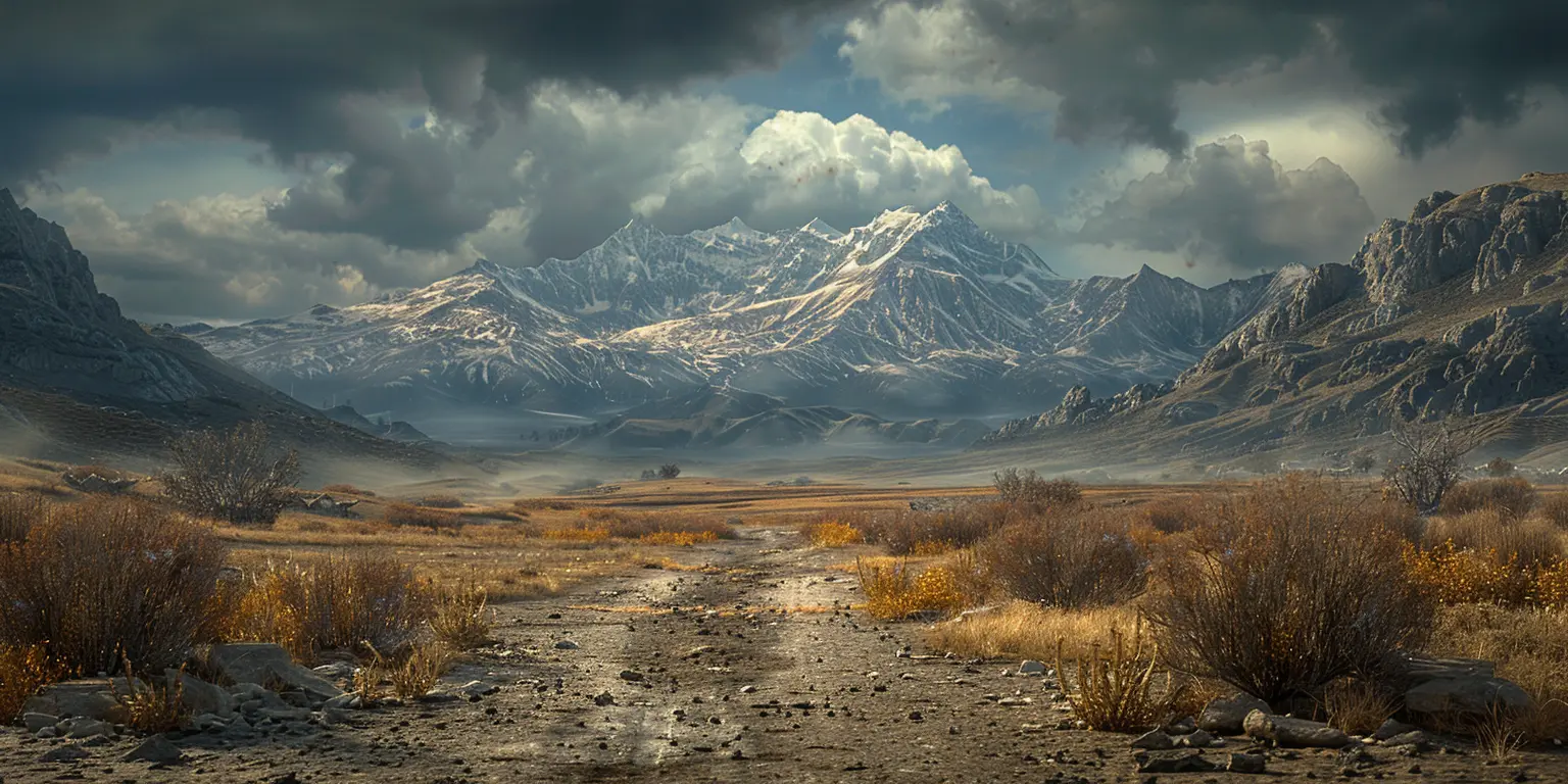 Rugged Oregon Trail landscape with mountains, arid plains, and sparse vegetation under a scorching sun.