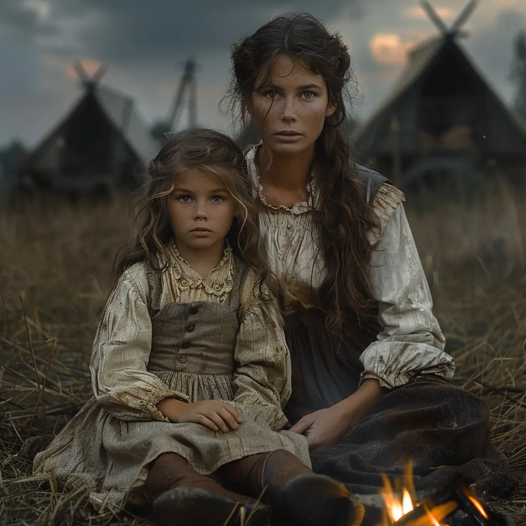 Aerial view of prairie with lone wagon train. Close-up of girl in calico dress sitting at back of covered wagon.