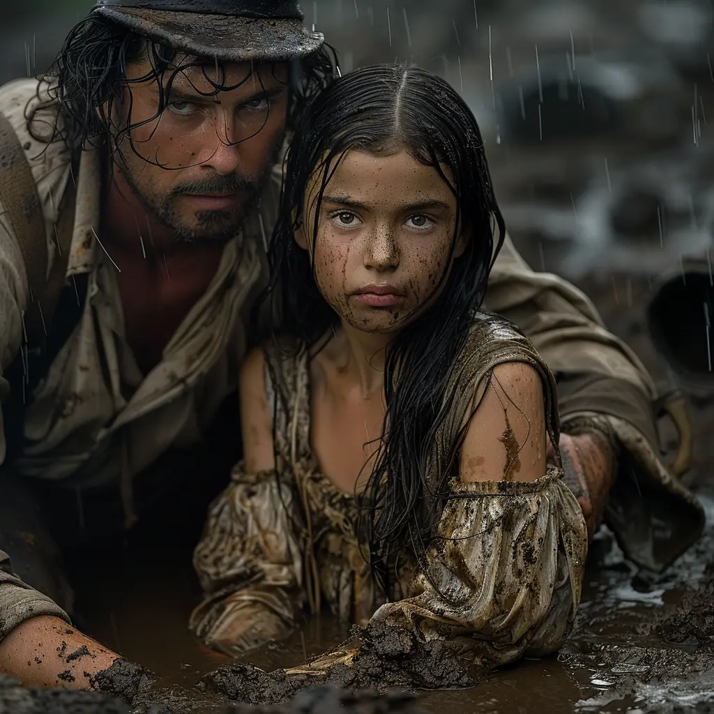 Sepia prairie view with distant wagon train. Girl's hands visible, fidgeting dress. Sky mix of storm clouds and blue.