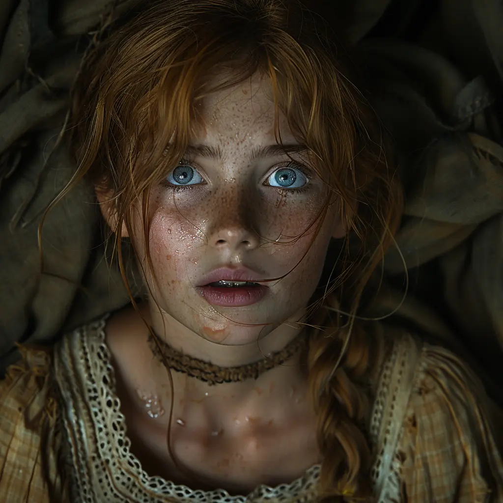 Young girl with tear-stained face, tattered dress, clutching fabric anxiously, amid rugged frontier trail with new caregivers.