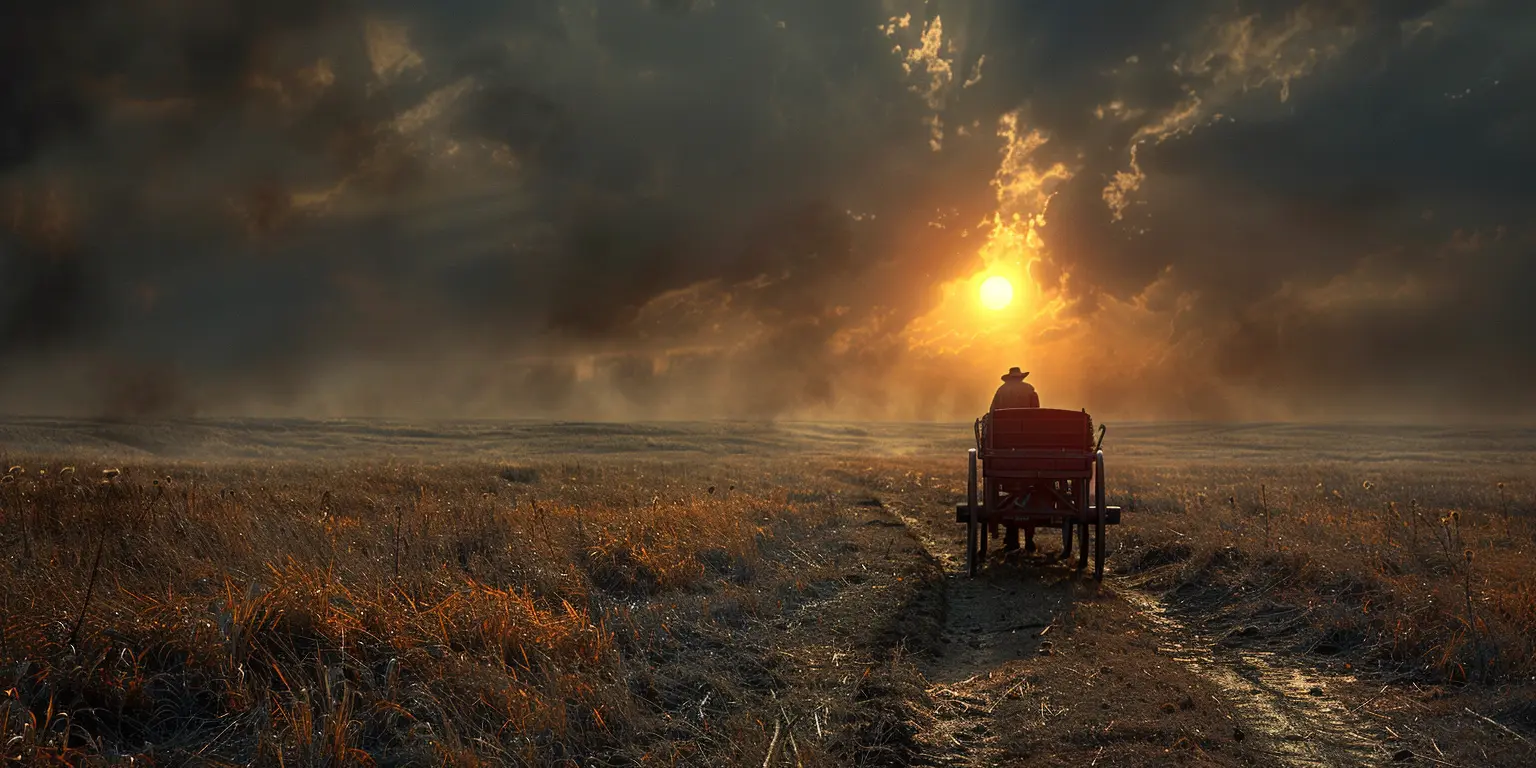 Wagon trail cuts through vast prairie, motionless figure in foreground dwarfed by sweeping grassland under endless blue sky.
