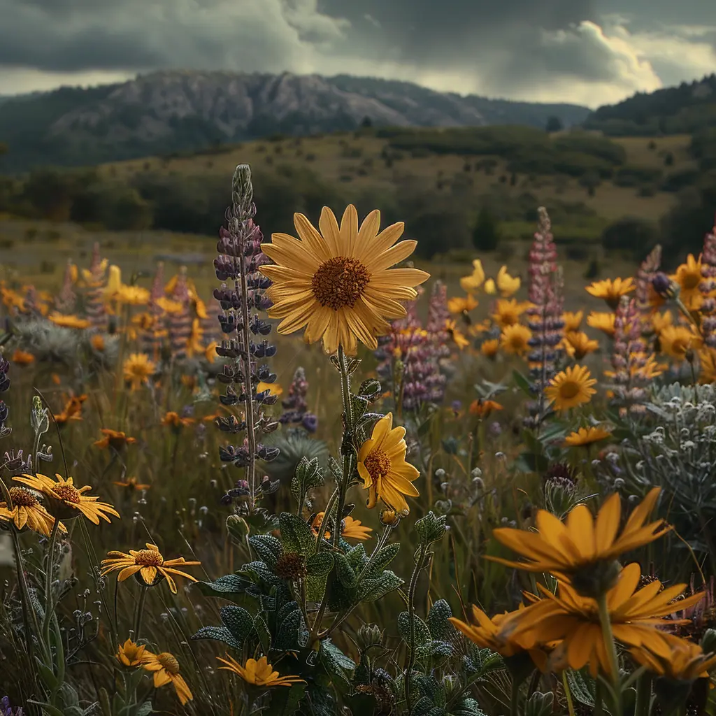 Vibrant wildflower meadow along Oregon Trail, clouds filtering sunlight, yellow blossom standing tall
