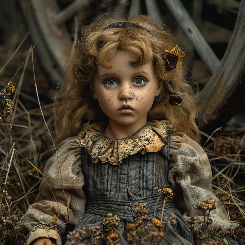 Worn rag doll with button eyes lies in grass by wagon wheel, faded dress and yarn hair catch sunset light.