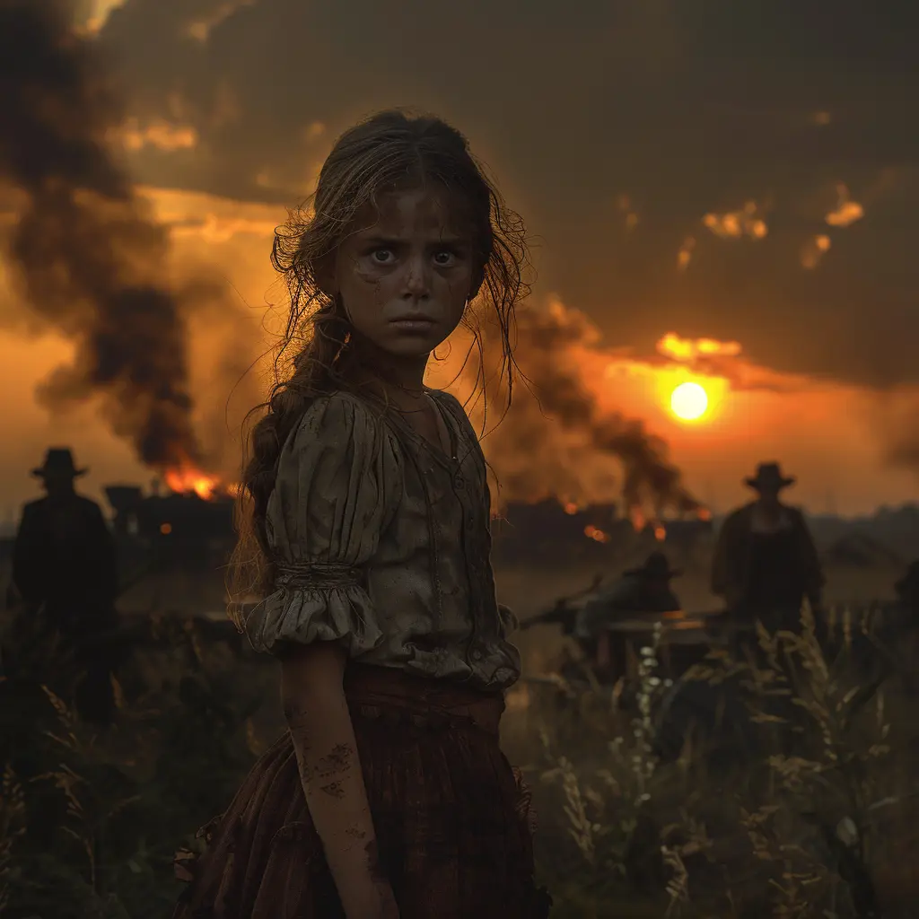 Silhouetted wagon train on prairie at dawn. Girl in foreground shields eyes, looking excited for adventure ahead.